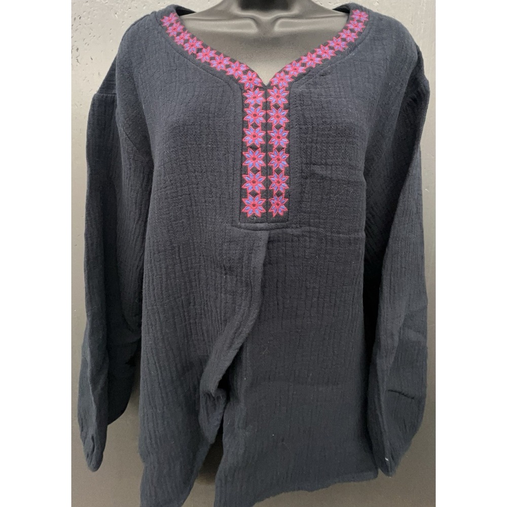 Buykud Top XL Navy Blue Long Sleeve Kurta Kurti Embroidered Tunic Boho Cottage‎